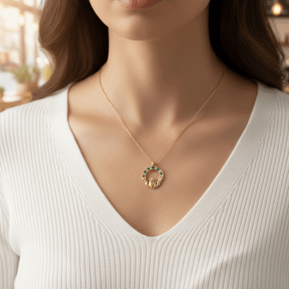 9ct gold cz claddagh pendant-p014g