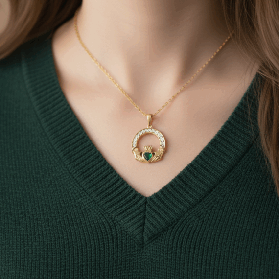 9ct gold cz claddagh pendant-p023g