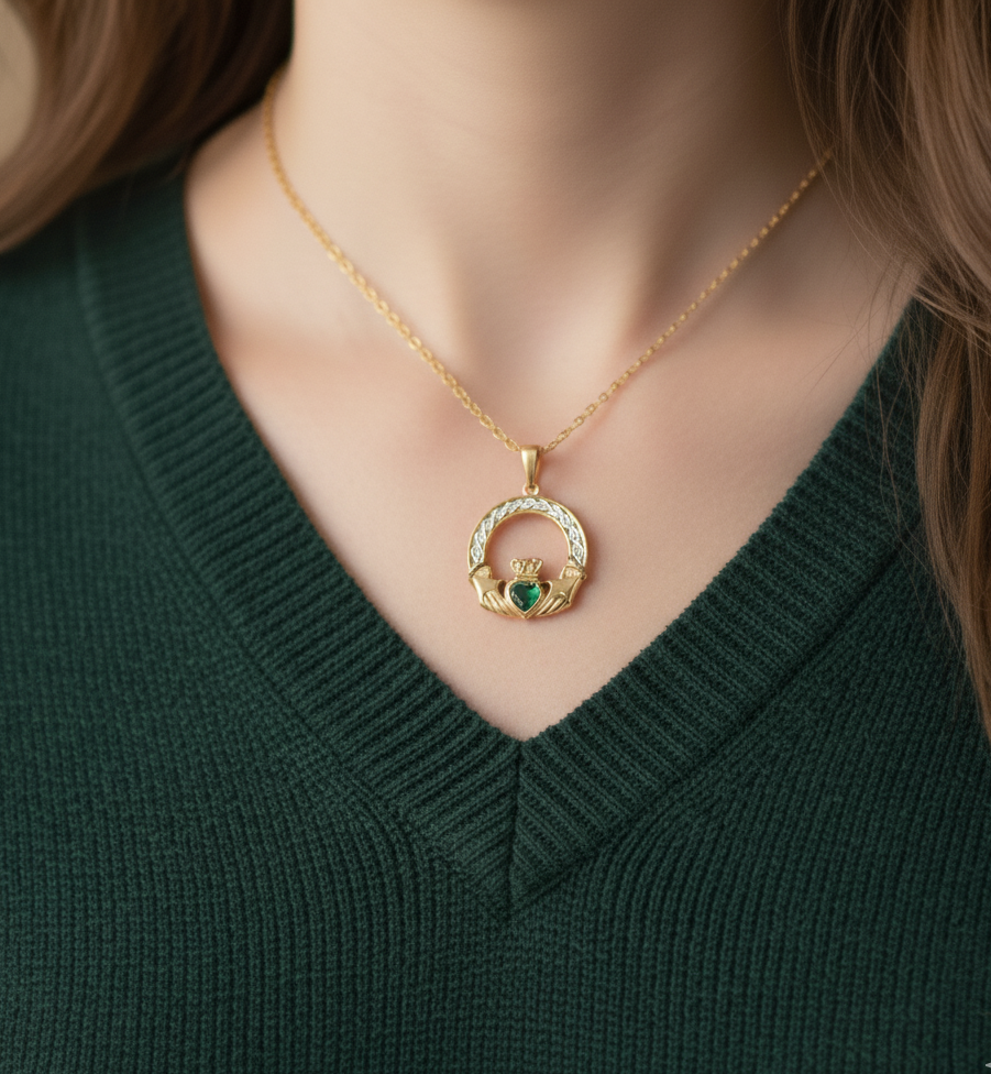 9ct gold cz claddagh pendant-p023g