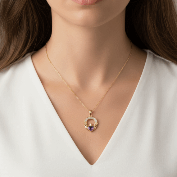 9ct gold cz claddagh pendant-p188a