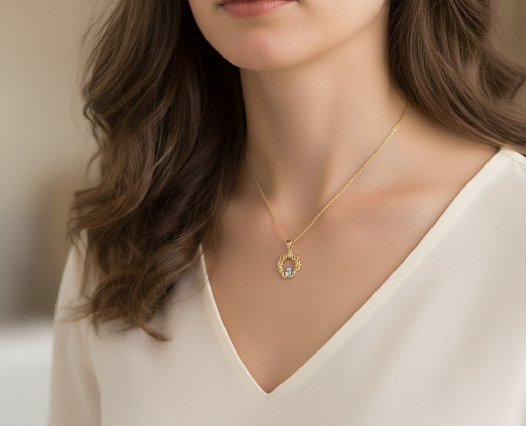 claddagh pendant with shamrock and celtic design-p056s