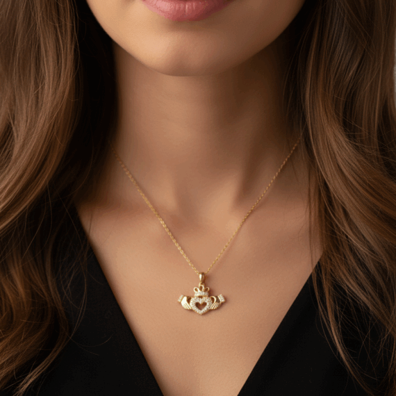 9ct Gold CZ Claddagh Pendant-P059