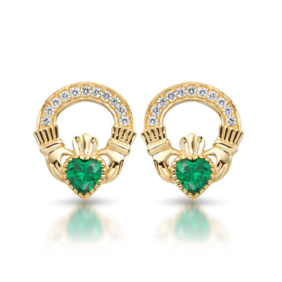 9ct Gold CZ Emerald Claddagh Earrings-E188G