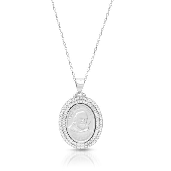 Silver Double Row Halo CZ Padre Pio Medal-SM47