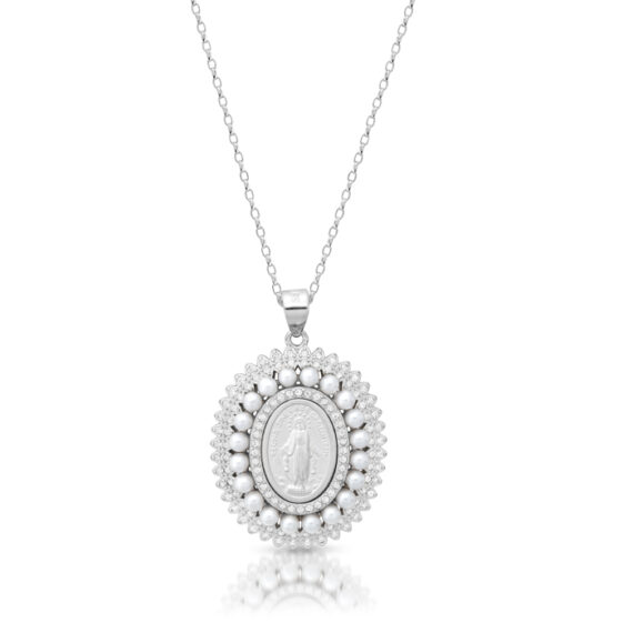 Silver Pearls and CZ Miraculous Medal-SM46