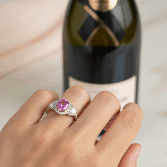 18ct Gold Lab Pink Sapphire linked with Lab Tri Cut Diamond Engagement Ring-DPL739P