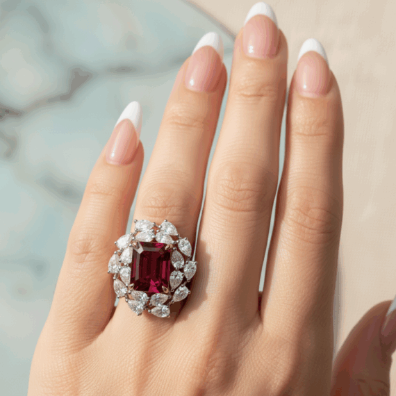 18ct Gold Lab Ruby and Lab Pear Shape Diamond Engagement Ring-DPL735R