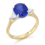 18ct Gold Lab Sapphire and lanked with Lab Tri Cut Diamond Engagement Ring-DPL737