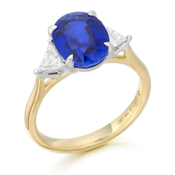 18ct Gold Lab Sapphire and lanked with Lab Tri Cut Diamond Engagement Ring-DPL737