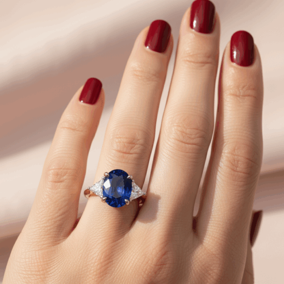 18ct Gold Lab Sapphire and linked with Lab Tri Cut Diamond Engagement Ring-DPL737
