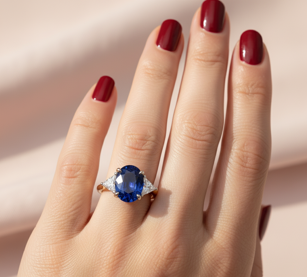 18ct Gold Lab Sapphire and linked with Lab Tri Cut Diamond Engagement Ring-DPL737