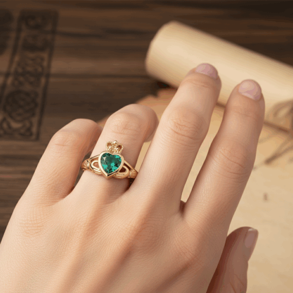 18ct Gold Emerald Diamond Claddagh Ring-DPL741