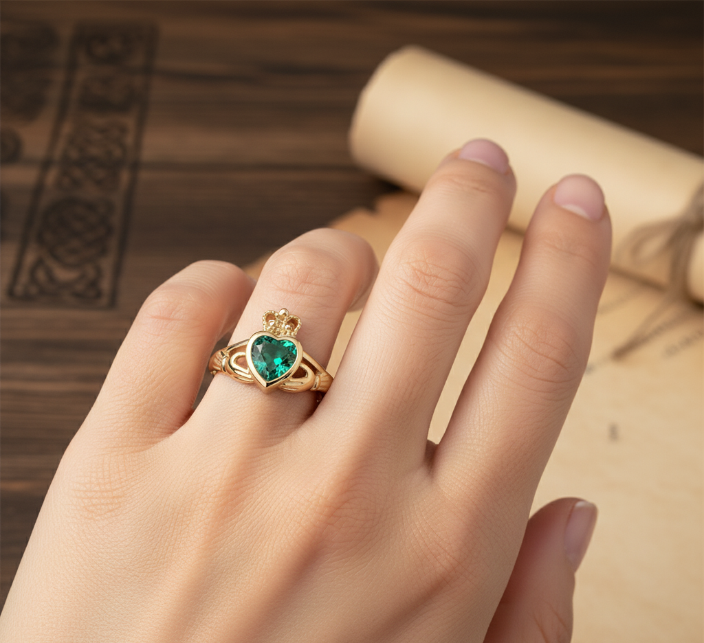 18ct Gold Emerald Diamond Claddagh Ring-DPL741