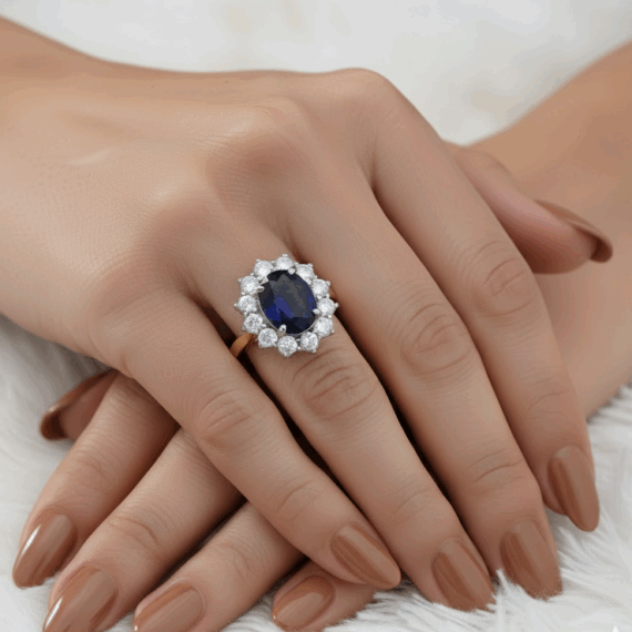 18ct Gold Lady Di Lab Sapphire and Diamond Ring-DPL733S
