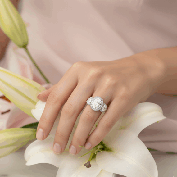 18ct Gold Three Stone Oval Shape Lab Diamond Engagement Ring-DPL747