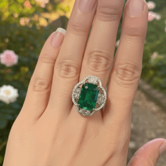 18K GOLD Lab Diamond Ring WITH Lab EMERALD & Half Moon Lab-DPL743