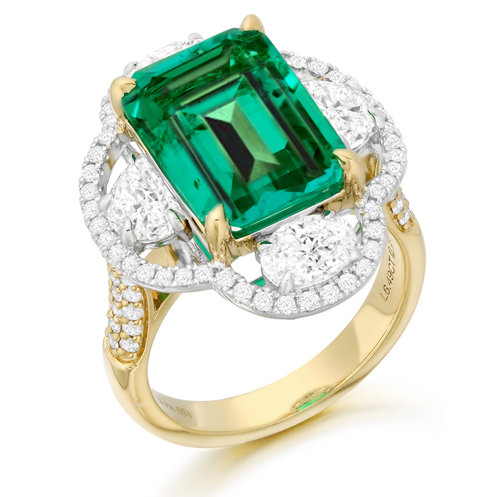 18ct Gold Lab Emerald & Half Moon Lab Diamonds Engagement Ring-DPL743