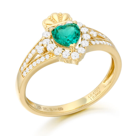 18ct Gold Lab Diamond and Emerald Claddagh Ring-DPL754G