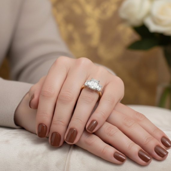 18ct Three Stone Emerald Cut Lab Diamond Engagement Ring-DPL761