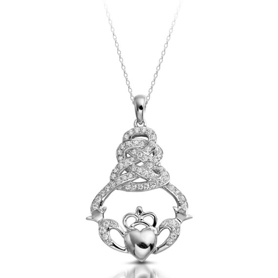 Silver CZ Claddagh Pendant with Celtic Knot-SP017