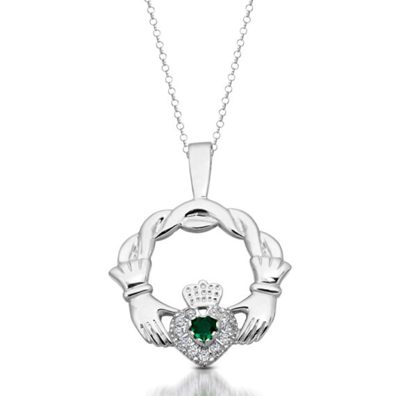 Silver CZ Emerald Claddagh Pendant-SP133