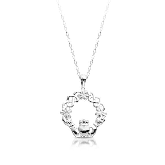Silver Claddagh Pendant with Shamrock and Celtic Design-SP056S