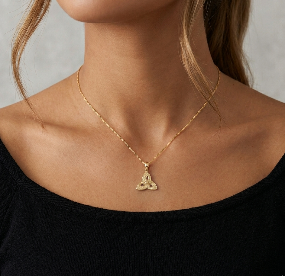 Yellow Gold Trinity Knot Pendant with Claddagh Motif-P057