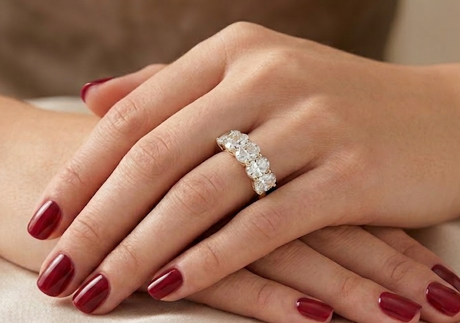 18ct Gold 6 Stone Oval Lab Diamond Wedding Ring-DPL778 - Image 2