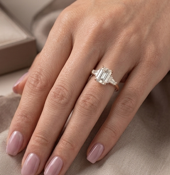 18ct Gold Three Stone Emerald Cut Lab Diamond Engagement Ring-DPL765