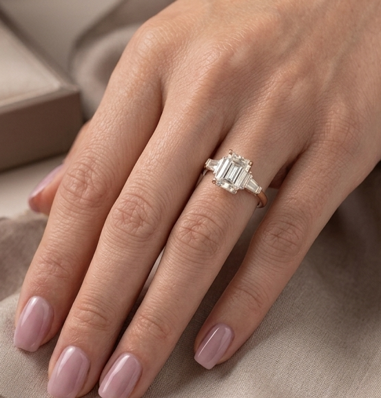18ct Gold Three Stone Emerald Cut Lab Diamond Engagement Ring-DPL765