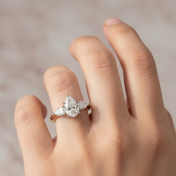 18ct Gold Three Stone Pear Shape Diamond Engagement Ring-DPL788