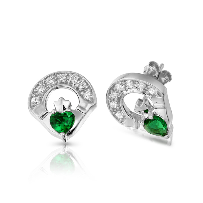 Silver Emerald Claddagh Earrings-SE187G