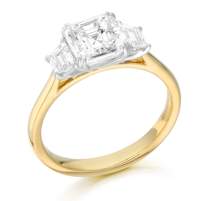 18K Gold 3 Stone Asher Cut Lab Diamond Engagement Ring-DPL756