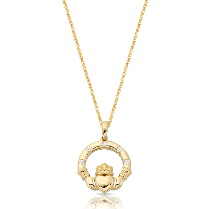 9ct Gold CZ Claddagh Pendant-P070
