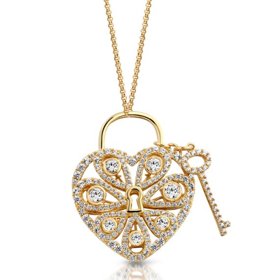 9ct Gold CZ Lock Heart Pendant-P28