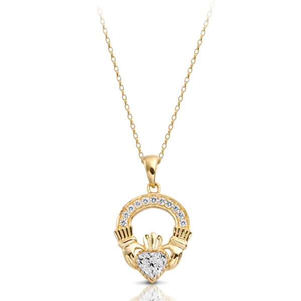 9ct Gold CZ Claddagh Pendant-P188