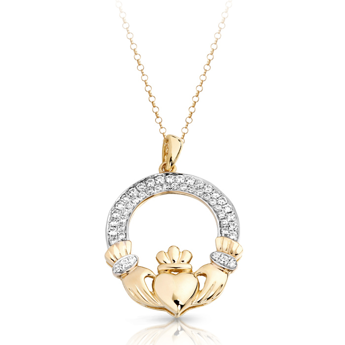 9ct Gold CZ Claddagh Pendant-P018