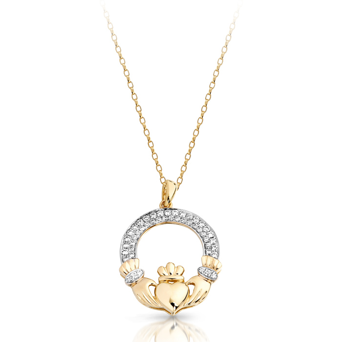 9ct Gold CZ Claddagh Pendant-P018S