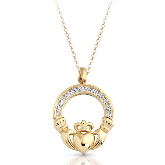 9ct Gold CZ Claddagh Pendant-P014