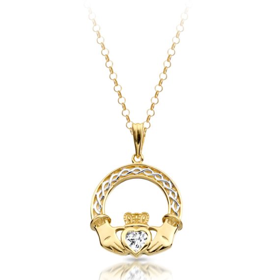 9ct Gold CZ Claddagh Pendant-P023