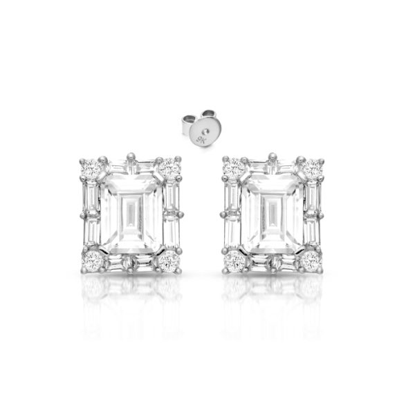 9ct White Gold Emerald Cut CZ Stud Earrings-E276W