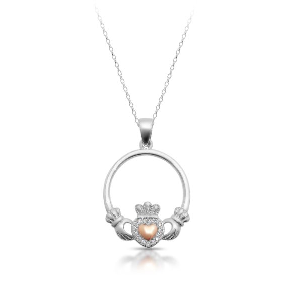 Silver Claddagh Pendant with Rose Gold Plated Motif-SP73