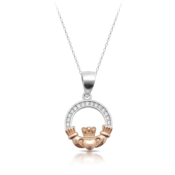 Silver Claddagh Pendant with Rose Gold Plated Motif-SP76