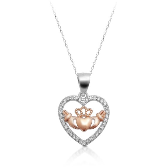 Silver Claddagh Pendant with Rose Gold Plated Motif-SP79