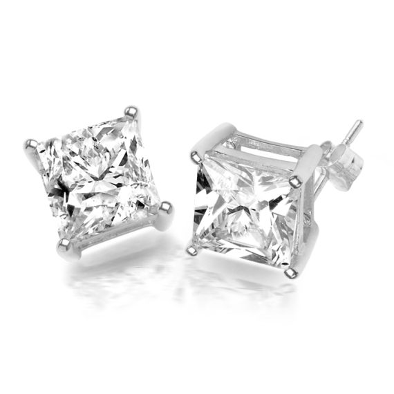 White Gold Princess cut CZ Stud Earrings-E201W