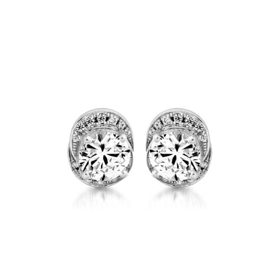 White Gold CZ Halo Earrings-E295W